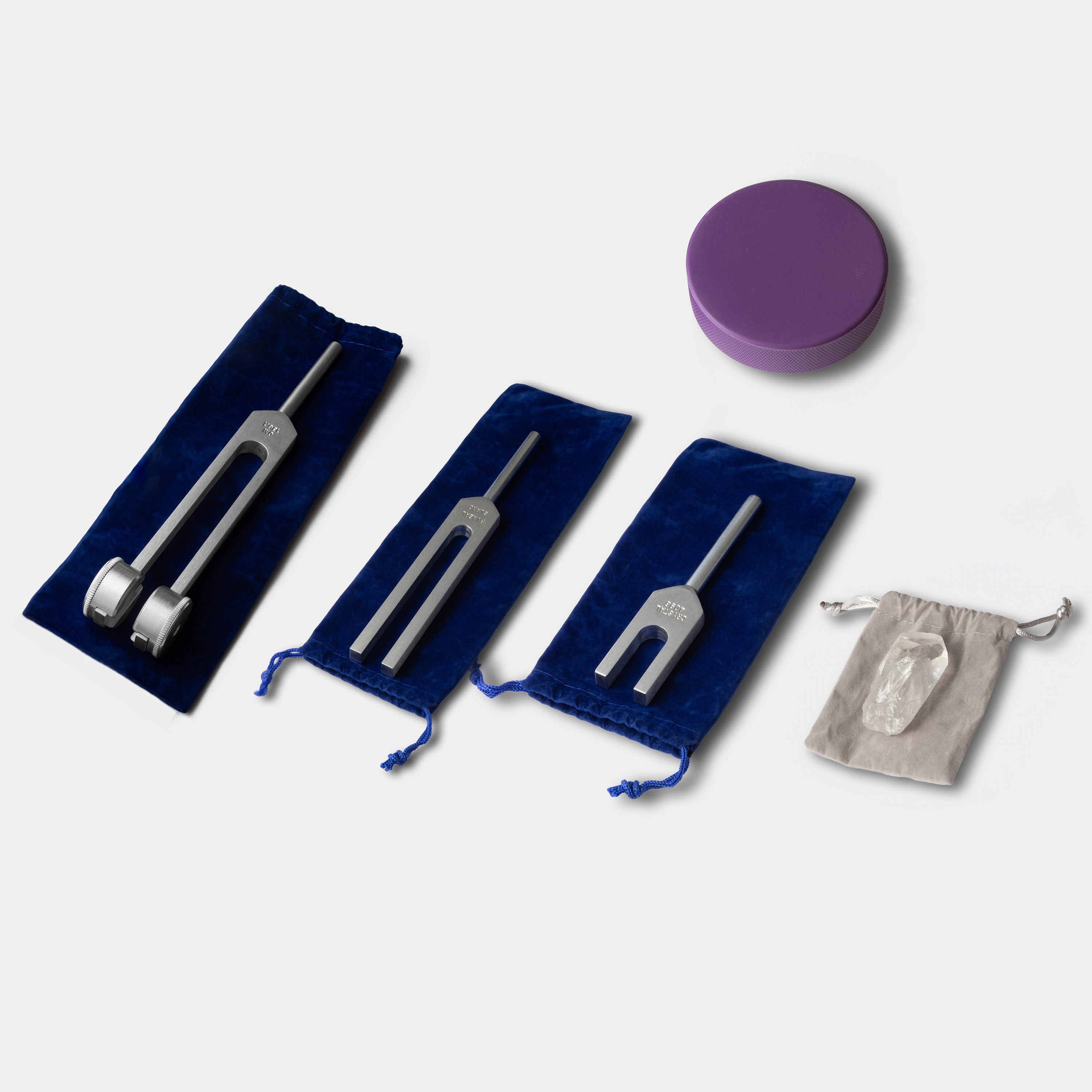 OM tuning fork. 136.1 HZ, Pineal Gland Tuning Fork, Crystal Tuning Fork, quartz Crystal, purple tuning fork activator puck from the Personal Tuning Fork Starter Kit, all on velvet pouches.